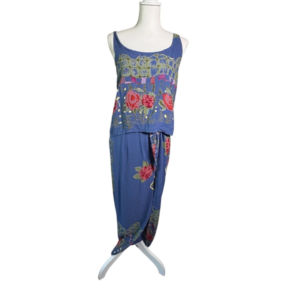 Angel Pie Women's Set Top and Wrap Skirt Floral Boho Cottage Core Floral Blue OS